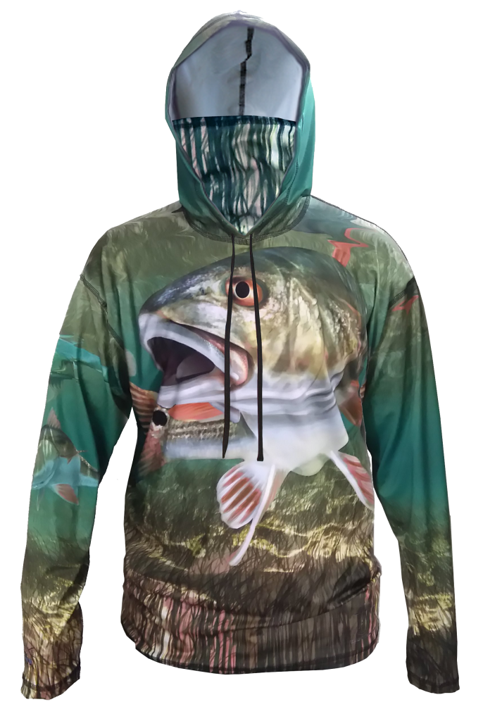 Redfish SunPro Hoodie, is a SPF Sun protection hoodie with a built in neck gaiter, comfort, and looks good on the water or town out for dinner 