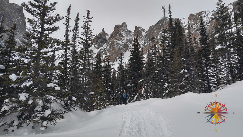 Emerald Lake Snowshoeing RMNP Photo Essay Three Trail follows Tyndall Gorge up to Emerald Lake, with views of Flattop Mountain in the background