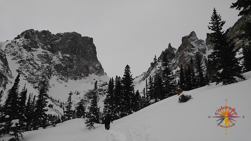 Emerald Lake Snowshoeing RMNP Photo Essay Three Trail follows Tyndall Gorge up to Emerald Lake, with views of Flattop Mountain in the background