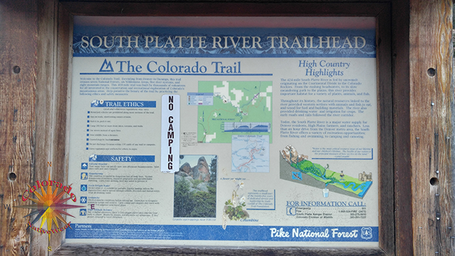 South Platte River TrailHead information sign in the parking area as foot step up or down the trail begin Pike National Forest Colorado