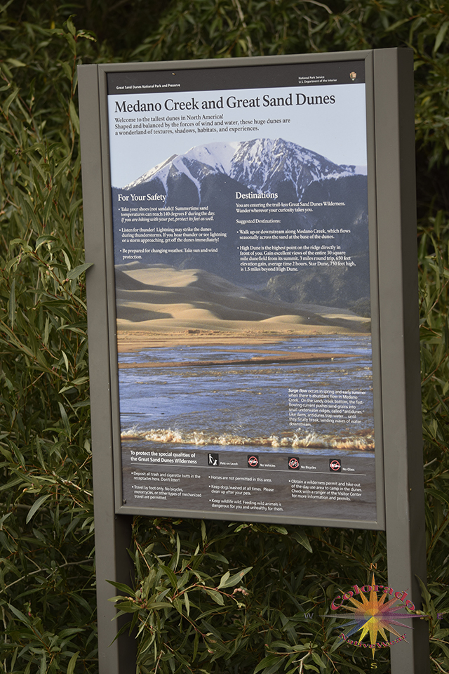 Informative Sign in the parking area or trail head to hike the dunes, in Great Sand Dunes National Park, Colorado