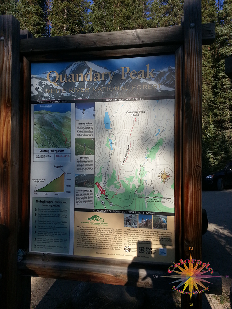 Informative Trailhead sign for Quandary Peak 14,265 Foot Elevation Colorado 14er 