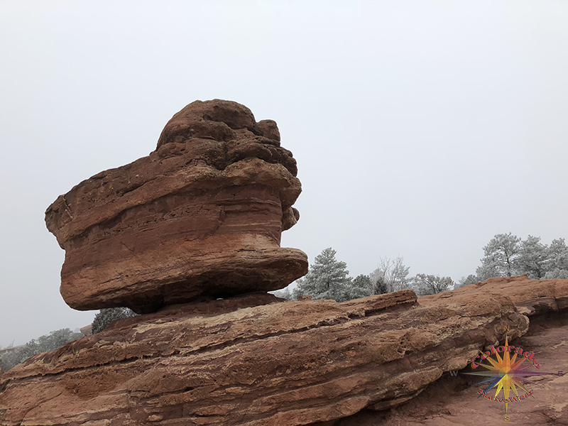 On an early frosty, foggy morning Balance Rock in Garden of the Gods, Colorado Springs Colorado