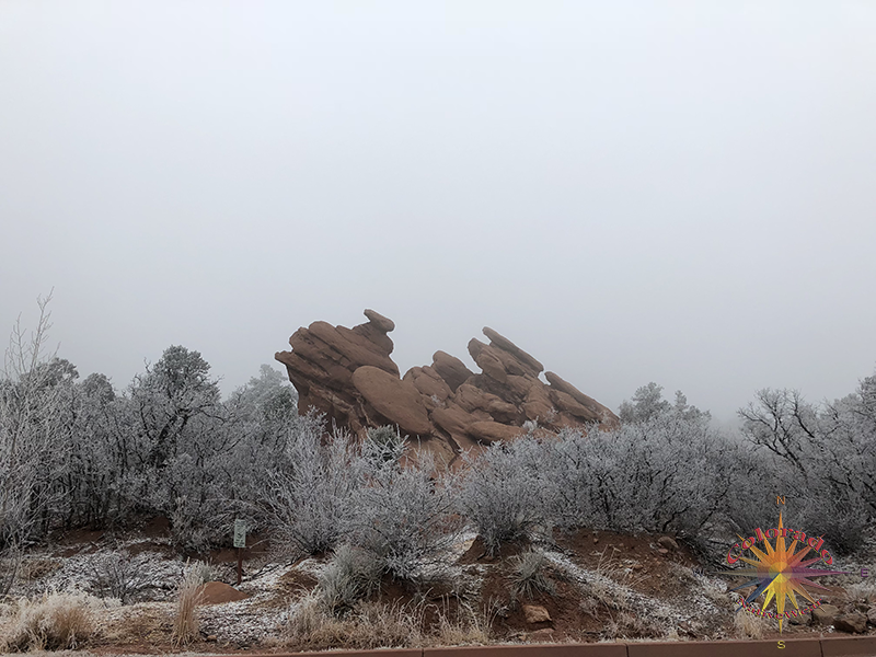 Frost and Stone, Red Rocks set up a back drop of fog in the dawning day in Garden of the Gods, Colorado Springs, Colorado