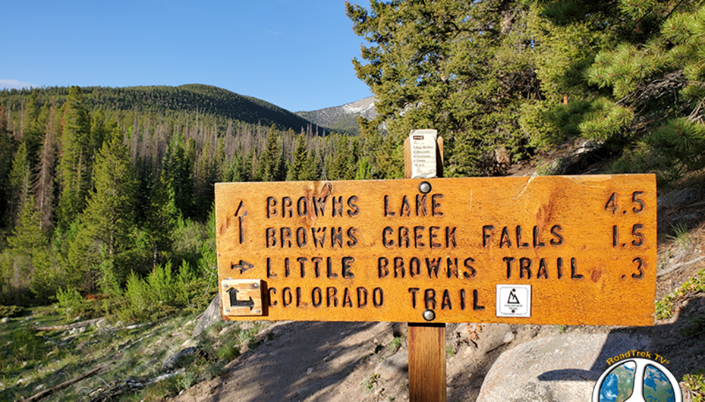 In this section of the trail on hike, Browns Lake Hike 1-2 we inter-sect the Colorado Trail and hike 3 tenths of mile on the Colorado Trail before taking a right and hiking towards the fall and on to Browns Lake