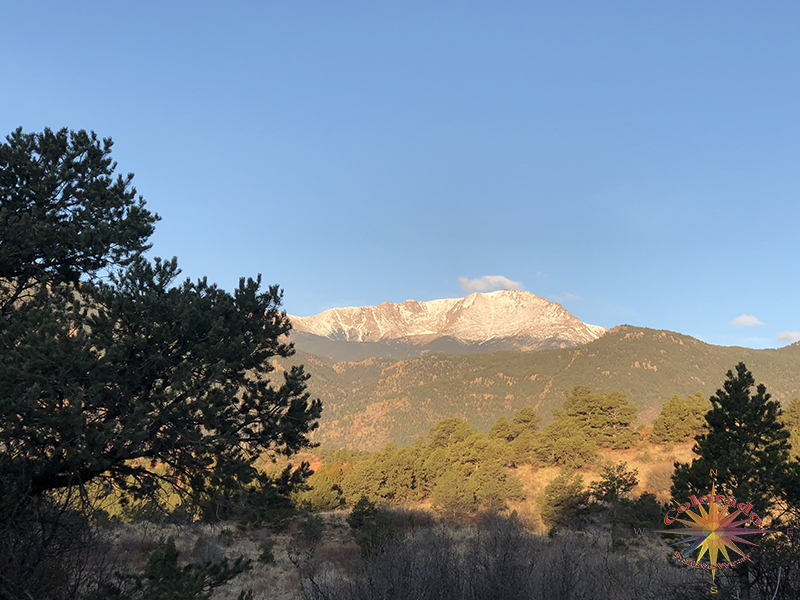 View of Pikes Peak in the spring from Garden of the Gods, dusted in fresh snow