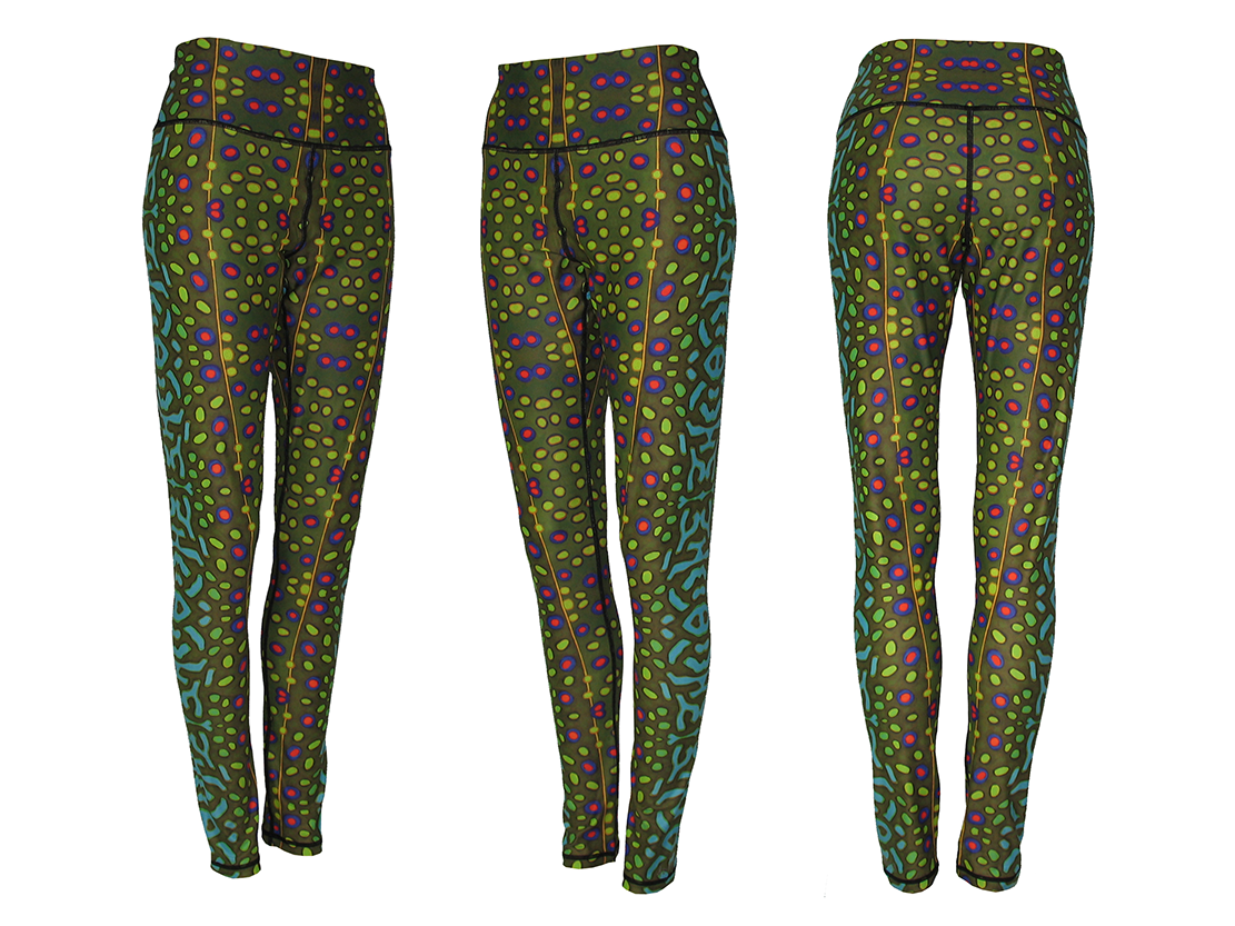 AD Maddox's Brook Trout Fly Fishing Art on Fly Fishing Apparel performance yoga-style legging. Wear as wader liners, long underwear, workout leggings, or to get trouty for a night on the town.
