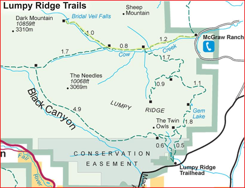 Map of Cow Creek Trail to Bridal Veil Falls, Rocky Mountain National Park,