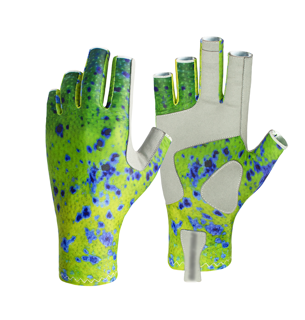 Dorado pattern fishing gloves offering protection from sun and comfortable day on the water