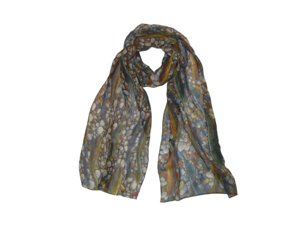 Trout Dreams Silk Fish Scarf feel you inner trout leaping while out experience a night on the town with Trout Dreams Silk Scarf as a featured accent