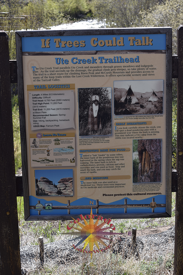 Ute Creek Trail informative sign at trailhead, has some good local history to start the journey with into Lost Creek Wilderness Colorado