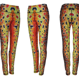 Brown Trout Leggings running clothes are fly fishing apparel or Mens Yoga pants. Womens casual wear to a dinner party, or camp life in the tent or campfire.