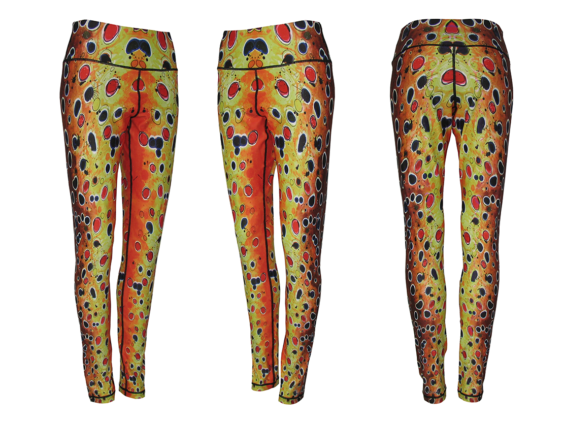 Brown Trout Leggings running clothes are fly fishing apparel or Mens Yoga pants. Womens casual wear to a dinner party, or camp life in the tent or campfire.