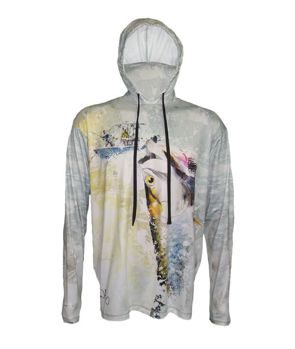 Tarpon Hookup SunPro Hoodie, the reel sings, rod is bent as you watch the Tarpon sailing through the air shaking it's head, to loosen the hook or not, is it your lucky day to land and release this silver saltwater freight train?