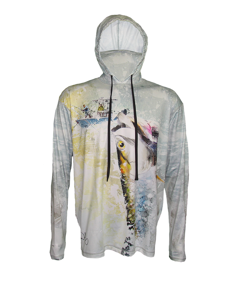 Tarpon Hookup SunPro Hoodie, the reel sings, rod is bent as you watch the Tarpon sailing through the air shaking it's head, to loosen the hook or not, is it your lucky day to land and release this silver saltwater freight train?