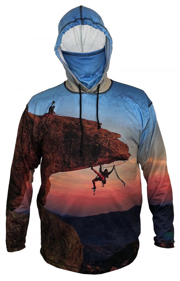 Hang Out Sunpro Hoodie features two climbers on on the bill.  Feel the Adrenalin of the climber below the bill as they work their way along underneath up over the edge to join the climber on top.Sunpro UV-protective hoodies use a blend of poly fabric that is lightweight, very breathable, an won’t know you have it on, yet it blocks out alm cuffs and an internal stow-away neck gaiter.