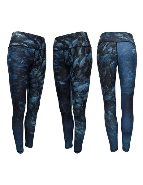 Scuba Jacks Leggings is print on a performance yoga-style legging shows a diver surrounded by a ball of Jack Crevalles.  Wear as wader liners, long underwear, workout leggings