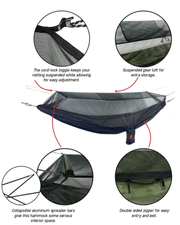 Mosquito Net Hammock Don't let your next adventure in the woods or near a lake be ruined by mosquito's or no seeums.  Mosquito-proof hammock will help you get a great night's sleep in the great outdoors.