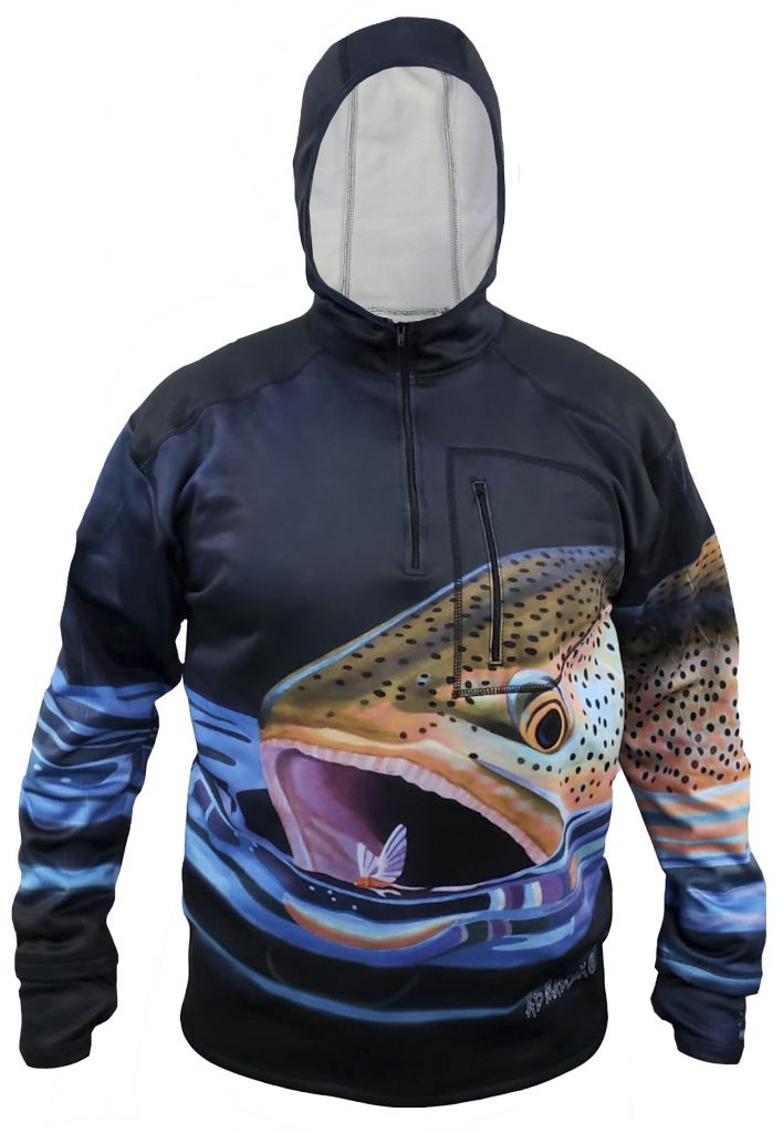 AD Maddox's Brown Trout chases after a natural dry in this epic print. We are proud to be launching our 1/4 Zip Hydrophobic Flex Shell Hoodies.
