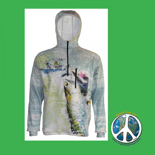TARPON ONLINE 1/4-ZIP Hoodie is Hydrophobic Wind Resistance Daniel Lopez's Tarpon is on the fly in this incredible representation of the fight. Our 1/4-Zip Hydrophobic Flex Shield Hoodie features thumb-hole cuffs, a zippered chest pocket