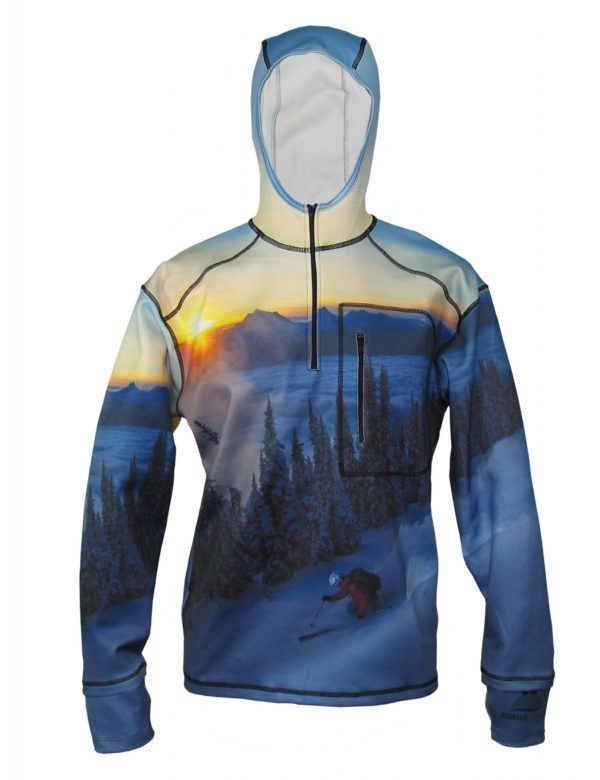 Above The Clouds 1/4-Zip Hydrophobic Flex-Shield Hoodie This one features a lone skier at dawn hitting un-tracked Icelandic powder. Our 1/4-Zip Hydrophobic Flex-Shield Hoodie