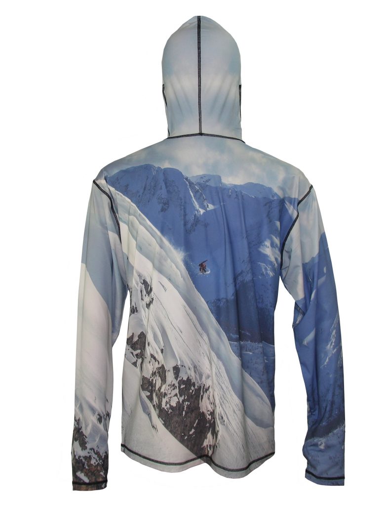 nowboarder-2 Ski Hoodie Style with Sun Protection SPF 50 Snowboarder-2 image depicts the freedom of flight above the mountains. Skiing Apparel Trail Camp