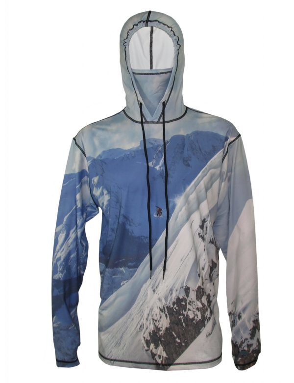 nowboarder-2 Ski Hoodie Style with Sun Protection SPF 50 Snowboarder-2 image depicts the freedom of flight above the mountains. Skiing Apparel Trail Camp
