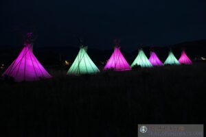 Lit teepees at Gardiner by the Roosevelt Arch Yellowstone National Park