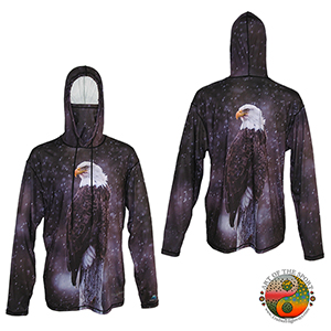 Yellowstone Park Bald Eagle in a snow storm on a graphic sun protective hoodie a great base layer or outer layer of outdoor apparel for Arches National Park